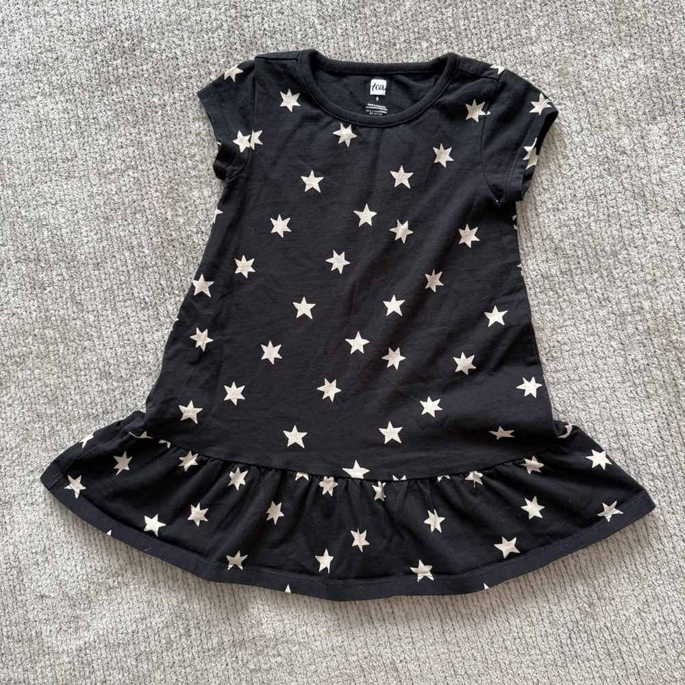 Tea Collection Black Star Print Ruffle Hem Dress‎ Size 3